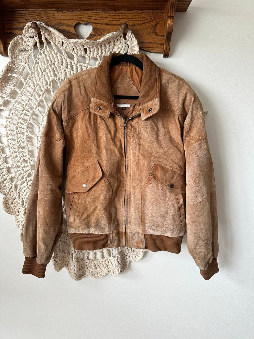 Members Only Vintage Distressed Suede Brown Bomber Jacket L/XL